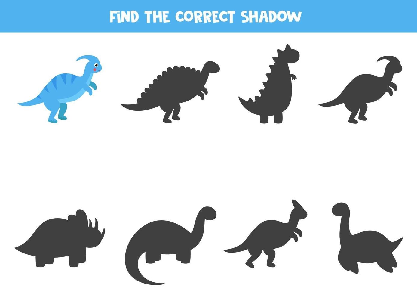 Finde den richtigen Schatten eines Cartoon-Dinosauriers. logisches Arbeitsblatt. vektor