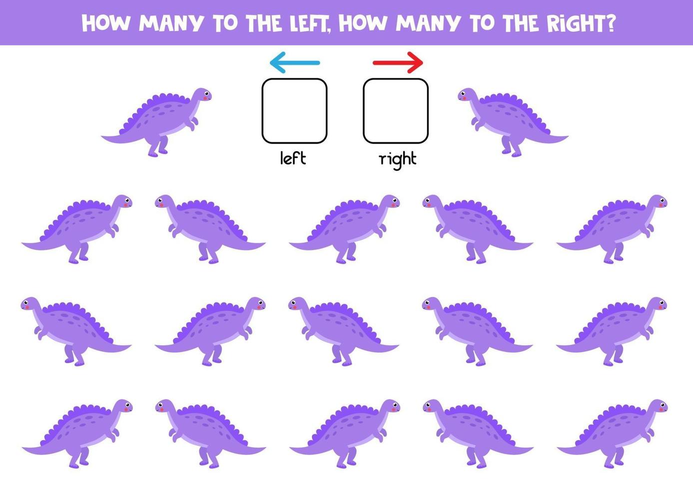 links oder rechts mit niedlichen lila Dinosaurier. logisches Arbeitsblatt für Kinder im Vorschulalter. vektor