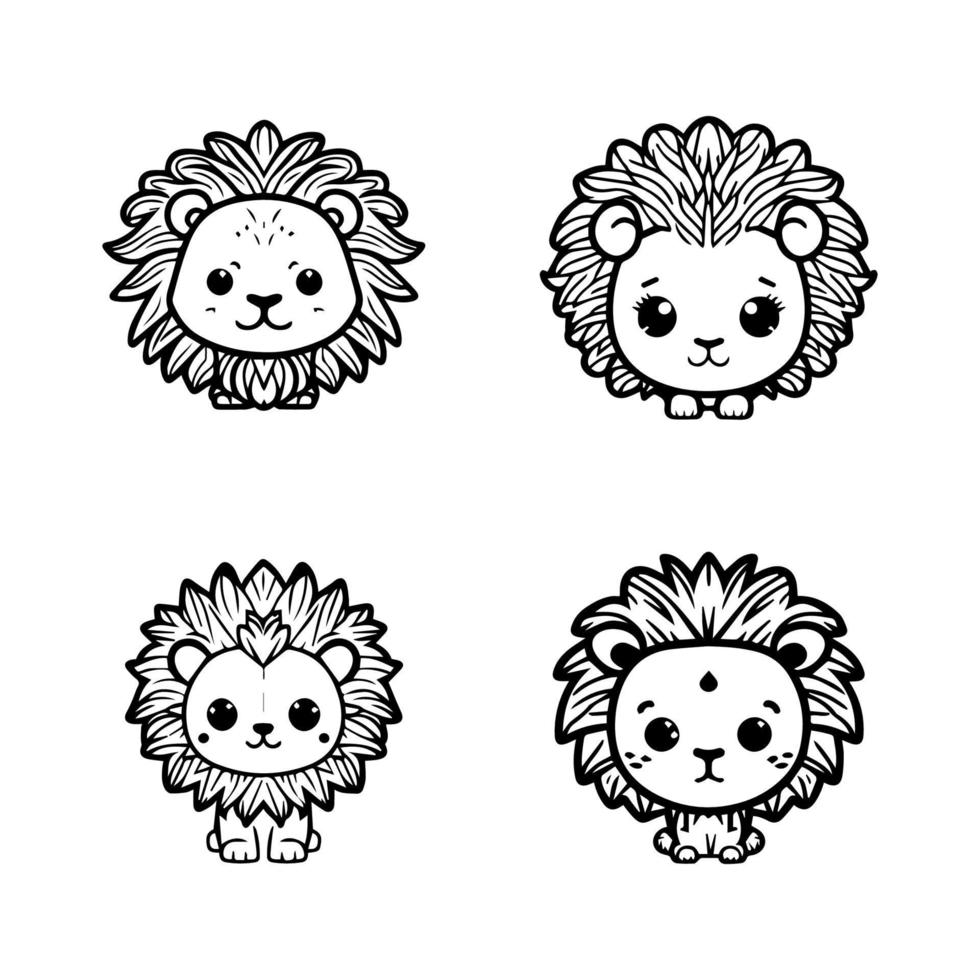 förtjusande anime lejon huvud samling uppsättning, med söt och detaljerad hand dragen illustrationer i linje konst stil. perfekt för ungar' Produkter och mönster vektor