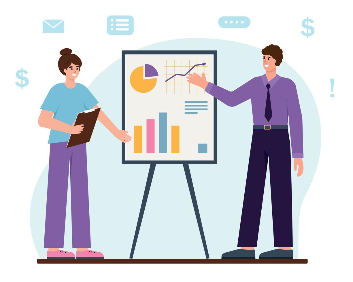 företag man och kvinna Nästa till blädderblock med Graf och Diagram. människor närvarande marknadsföring data på presentation skärm. analys och planera seminarium, börja begrepp. vektor illustration.