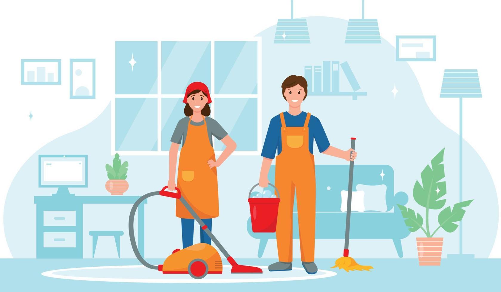 rengöring service arbetare tecken i hus. man med mopp och hink av vatten och kvinna med Vakuum rengöringsmedel arbetssätt i rum. vektor illustration på vit bakgrund.