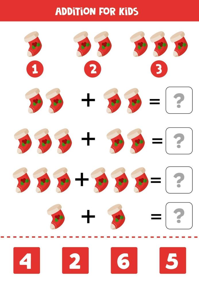 lösa mattekvationen. tecknad julstrumpa. vektor