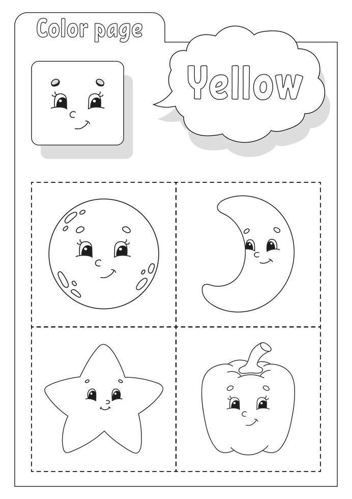 målarbok gul. lärande färger. flashkort för barn. seriefigurer. bilduppsättning för förskolebarn. utbildning kalkylblad. vektor illustration.