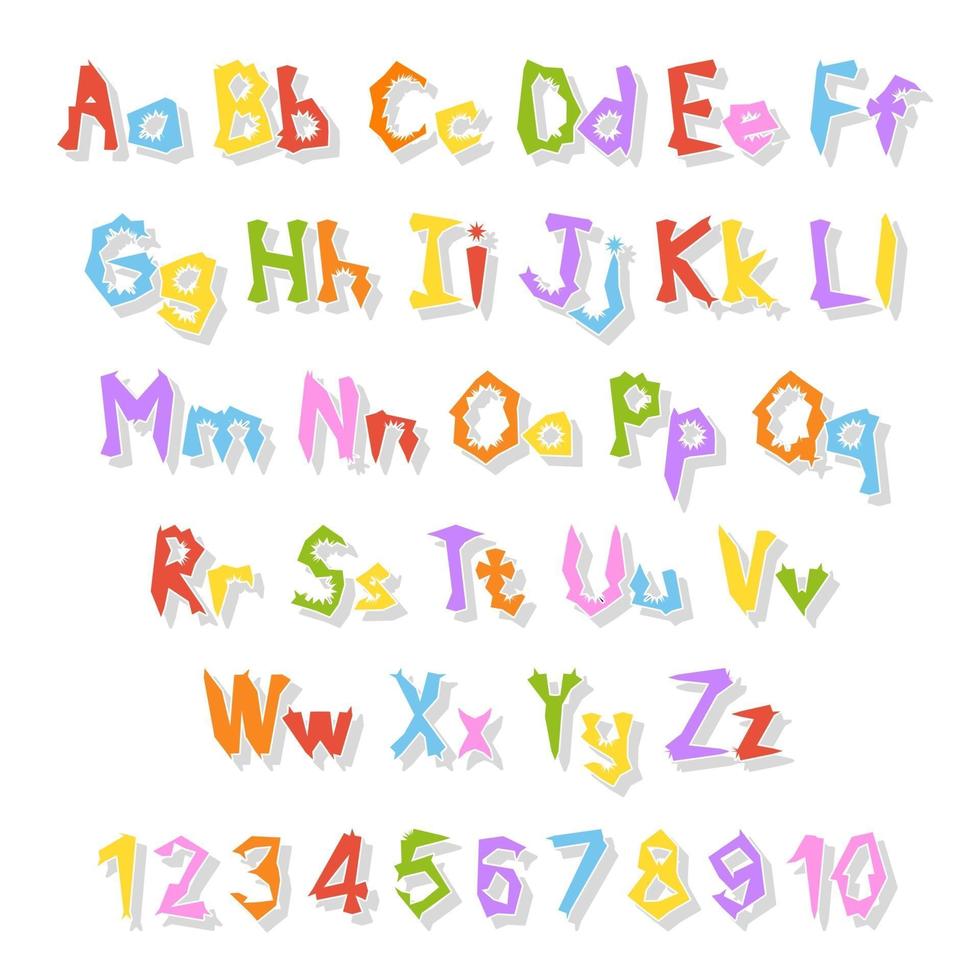 engelska alfabetet. vektor uppsättning. ljus färg stil. tecknad abc. rolig handritad teckensnitt. siffror, gemener och versaler.