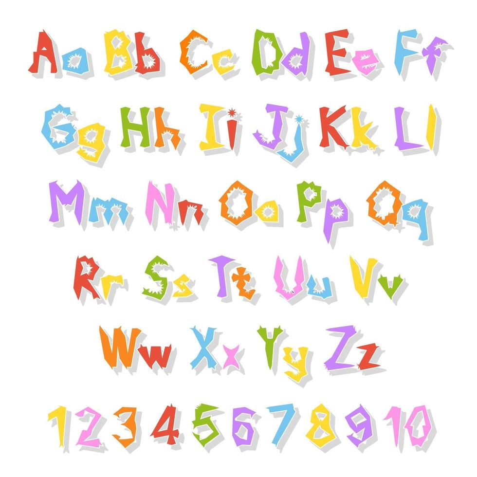 englisches Alphabet. Vektorsatz. heller Farbstil. Cartoon abc. lustige handgezeichnete Schriftart. Zahlen, Klein- und Großbuchstaben. vektor