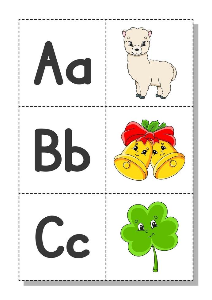 engelska alfabetet med seriefigurer a, b, c. flash-kort. vektor uppsättning. ljus färg stil. lära sig abc. gemener och versaler.