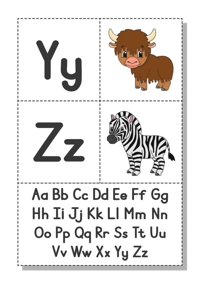engelska alfabetet med seriefigurer y, z. flash-kort. vektor uppsättning. ljus färg stil. lära sig abc. gemener och versaler.