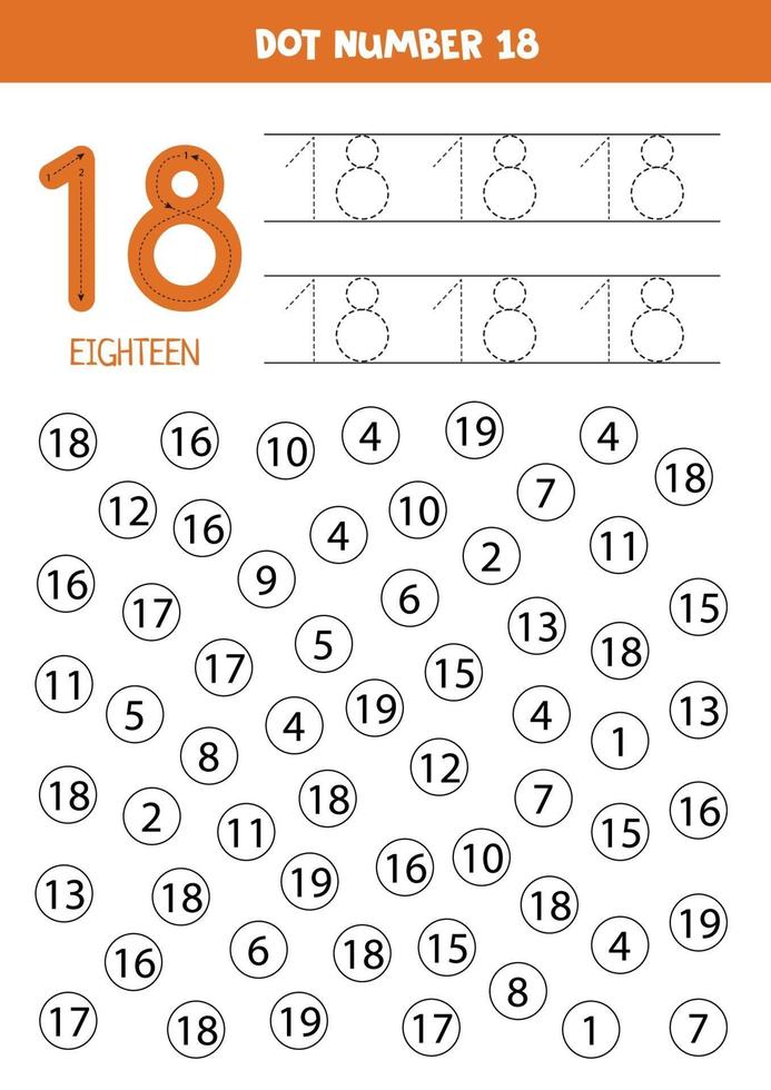 finde und bezeichne Nummer 18. Mathe-Spiel für Kinder. vektor