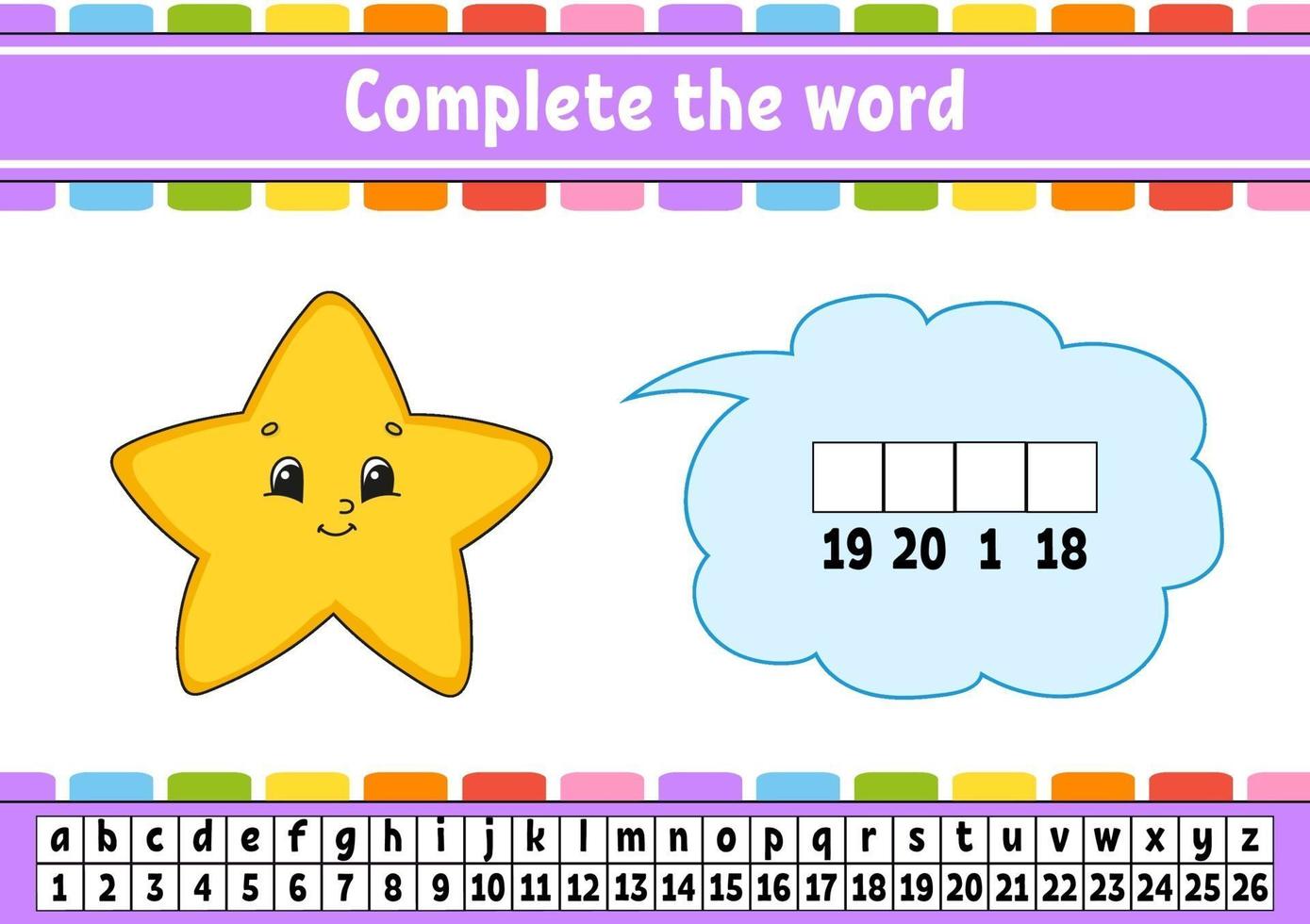 slutföra orden stjärna. krypteringskod. lära sig ordförråd och siffror. utbildning kalkylblad. aktivitetssida för studie engelska. isolerad vektorillustration. tecknad figur. vektor