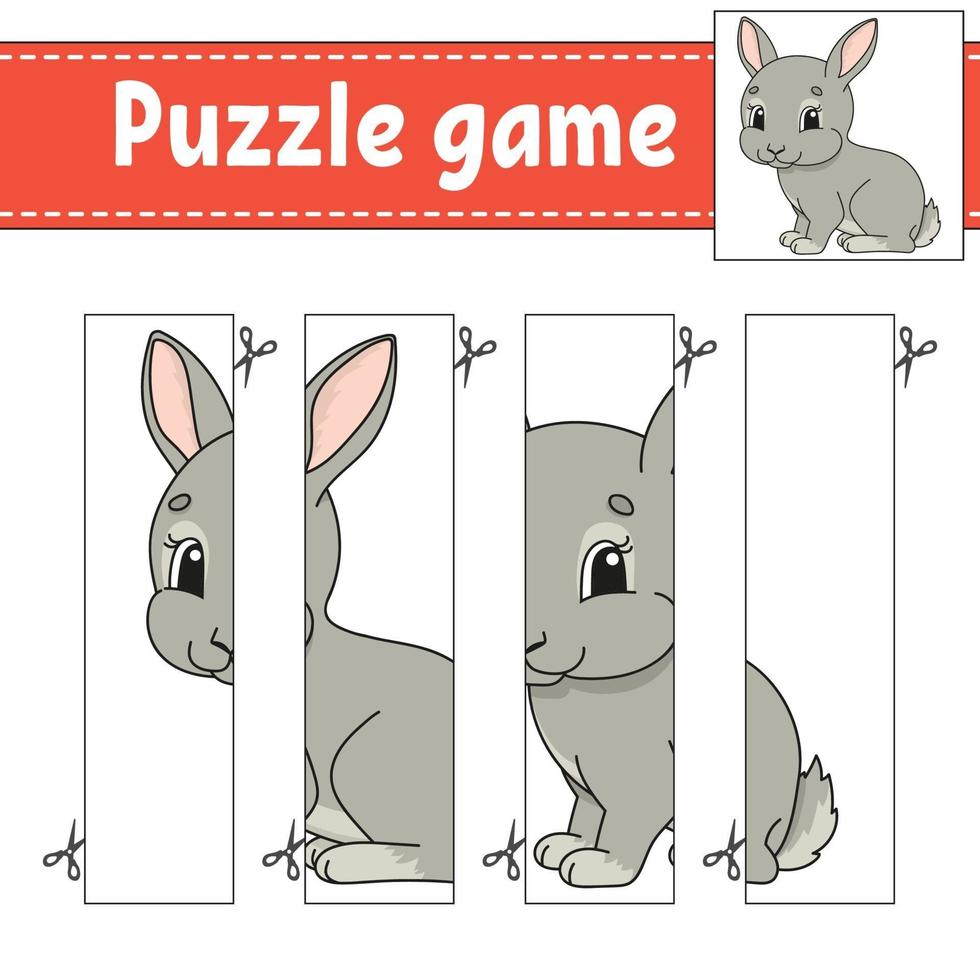 Puzzlespiel für Kinder mit Kaninchen. Schneidpraxis. Arbeitsblatt zur Entwicklung von Bildung. Aktivitätsseite. Zeichentrickfigur. vektor