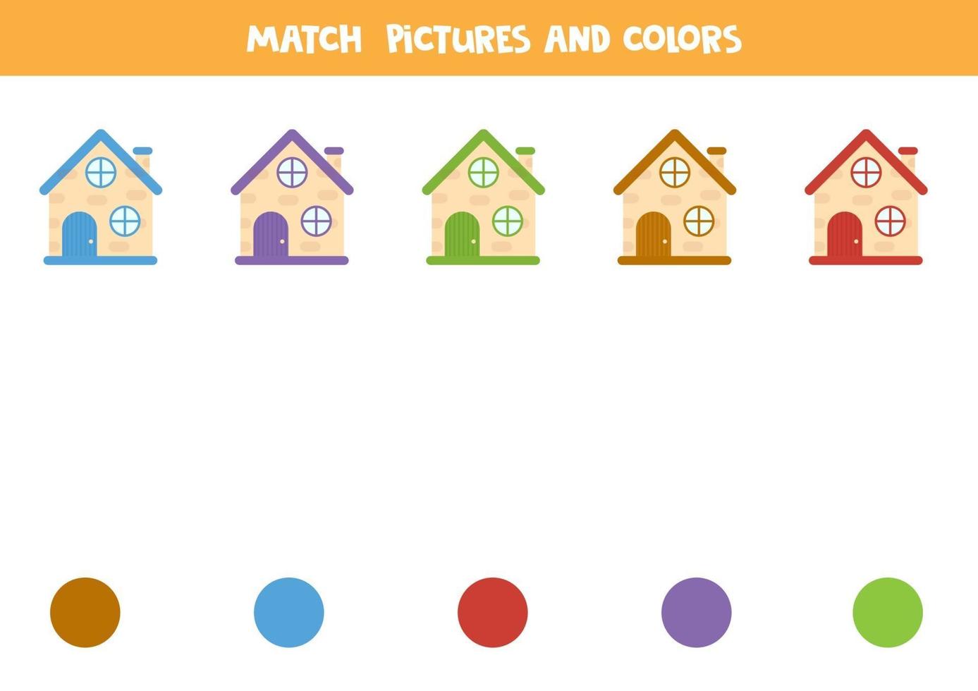 färgmatchningsspel med tecknade hus. kalkylblad för barn. vektor
