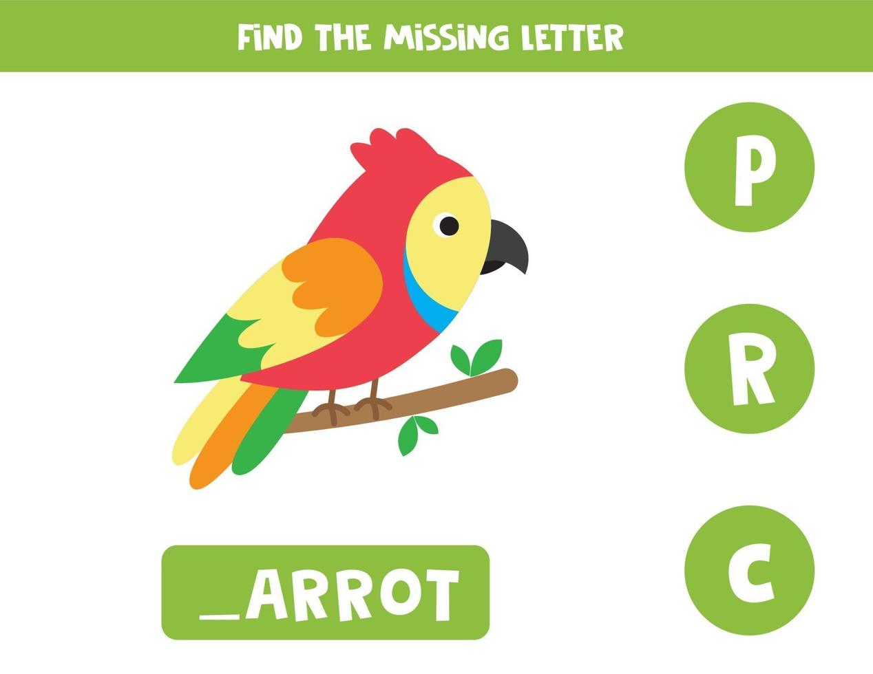Finde den fehlenden Buchstaben. süßer bunter Papagei. vektor