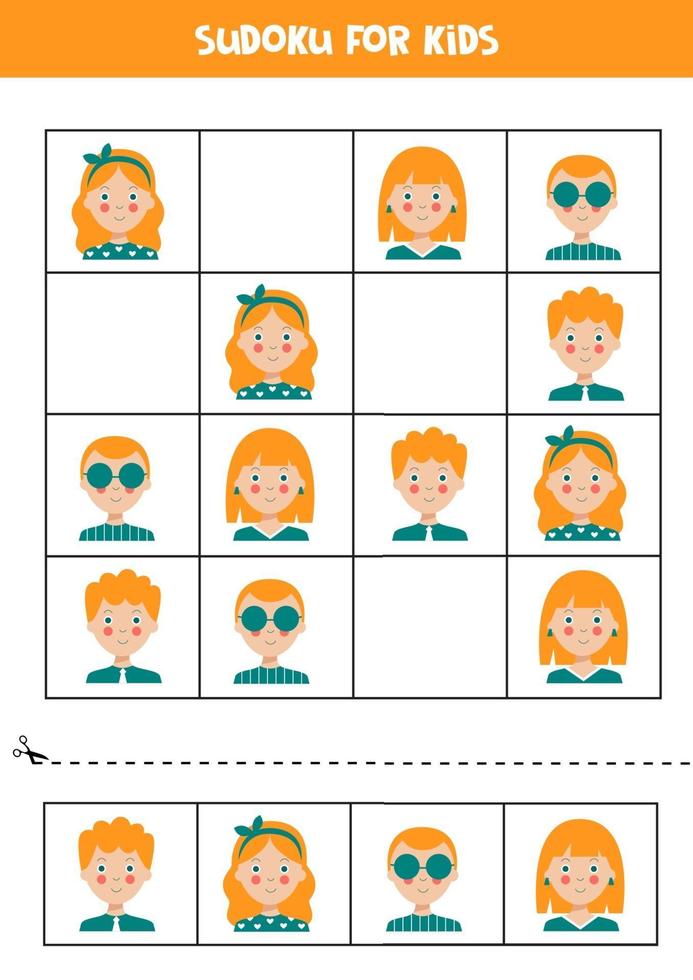 Sudoku-Puzzle für Kinder mit Jungen und Mädchen. vektor