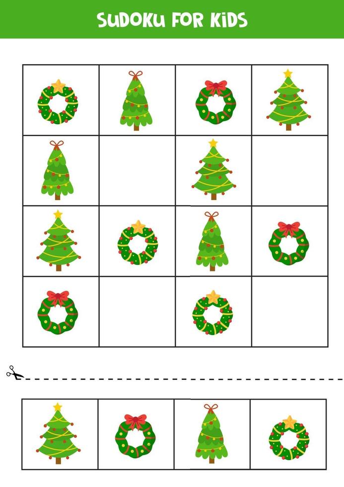 Sudoku-Puzzle für Kinder mit Weihnachtskränzen und Bäumen. vektor