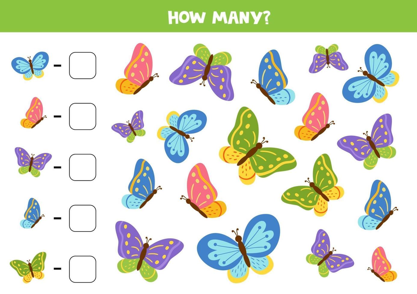 räkna spel med söta färgglada fjärilar. matematik kalkylblad. vektor