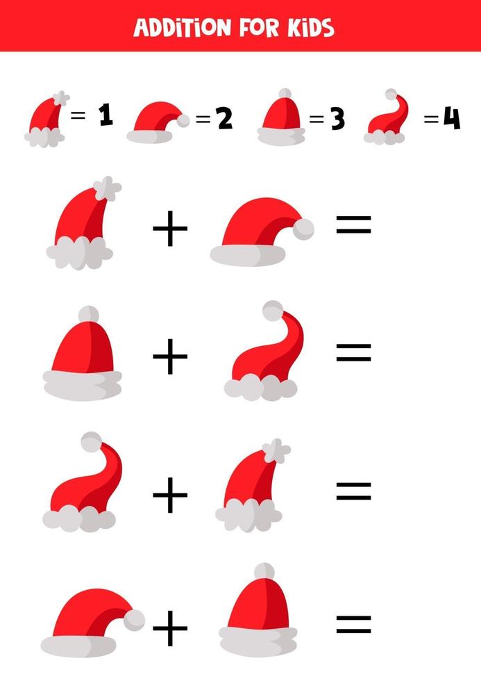 Zusatz mit Weihnachtsmützen. mathematisches Spiel für Kinder. vektor