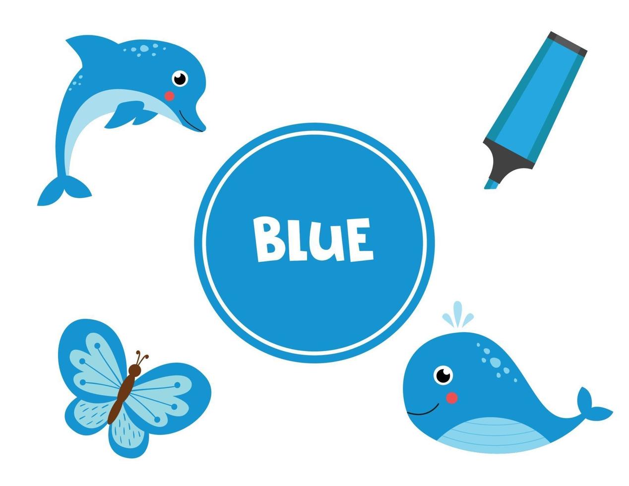 Lernen der blauen Farbe für Kinder im Vorschulalter. pädagogisches Arbeitsblatt. vektor