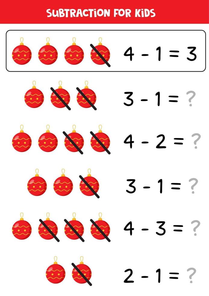 subtraktion för barn med röd julboll. vektor