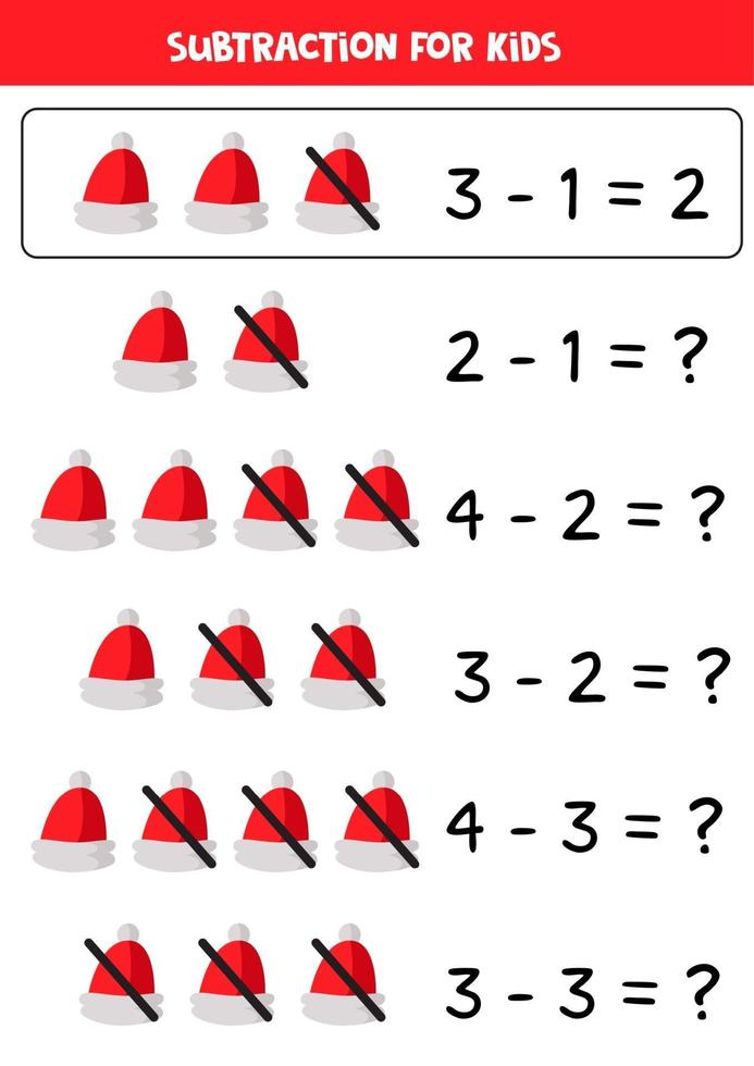 Mathe-Subtraktion von Comic-Weihnachtsmann-Hut. vektor