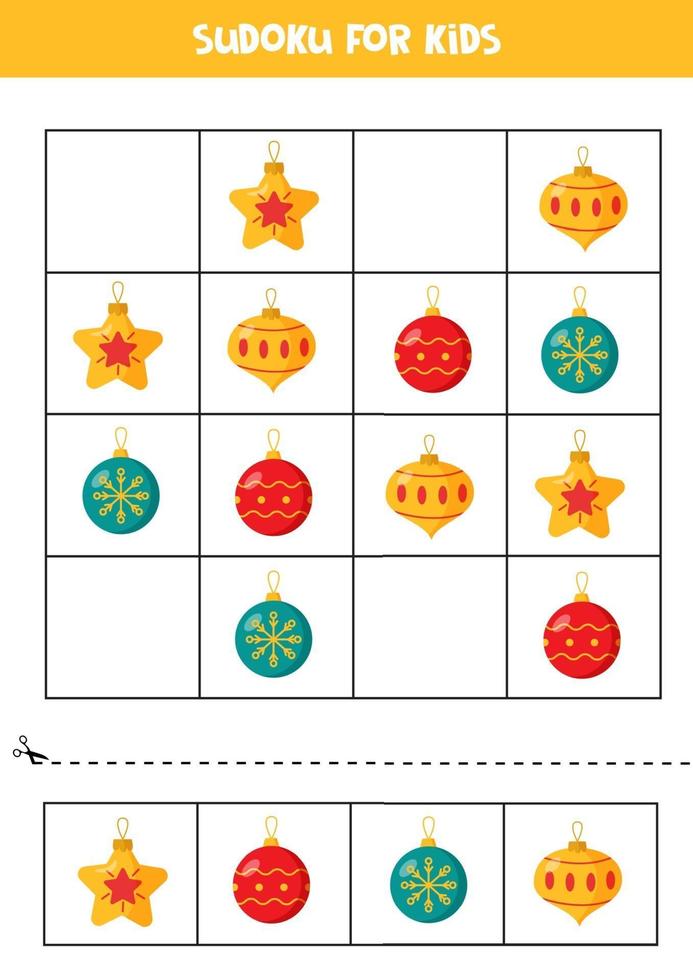 Sudoku-Puzzlespiel für Kinder im Vorschulalter. Satz Weihnachtskugeln. vektor