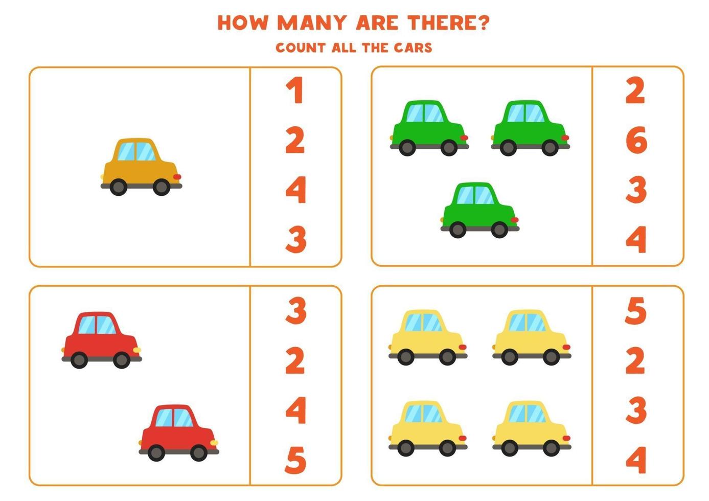 Zählspiel mit Autos. Mathe-Arbeitsblatt. vektor