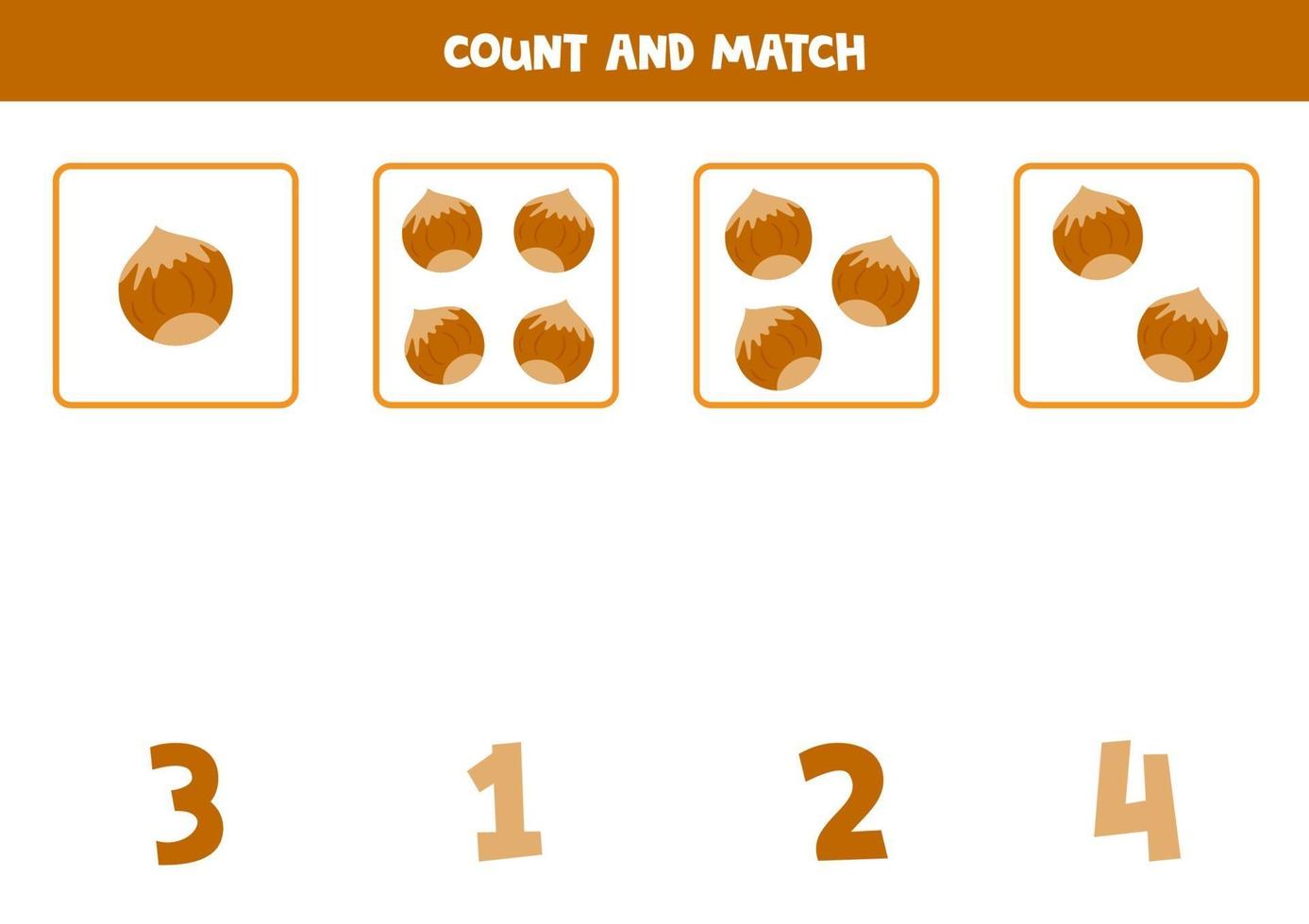 Zählspiel mit Comic-Nüssen. pädagogisches Mathe-Spiel für Kinder. vektor