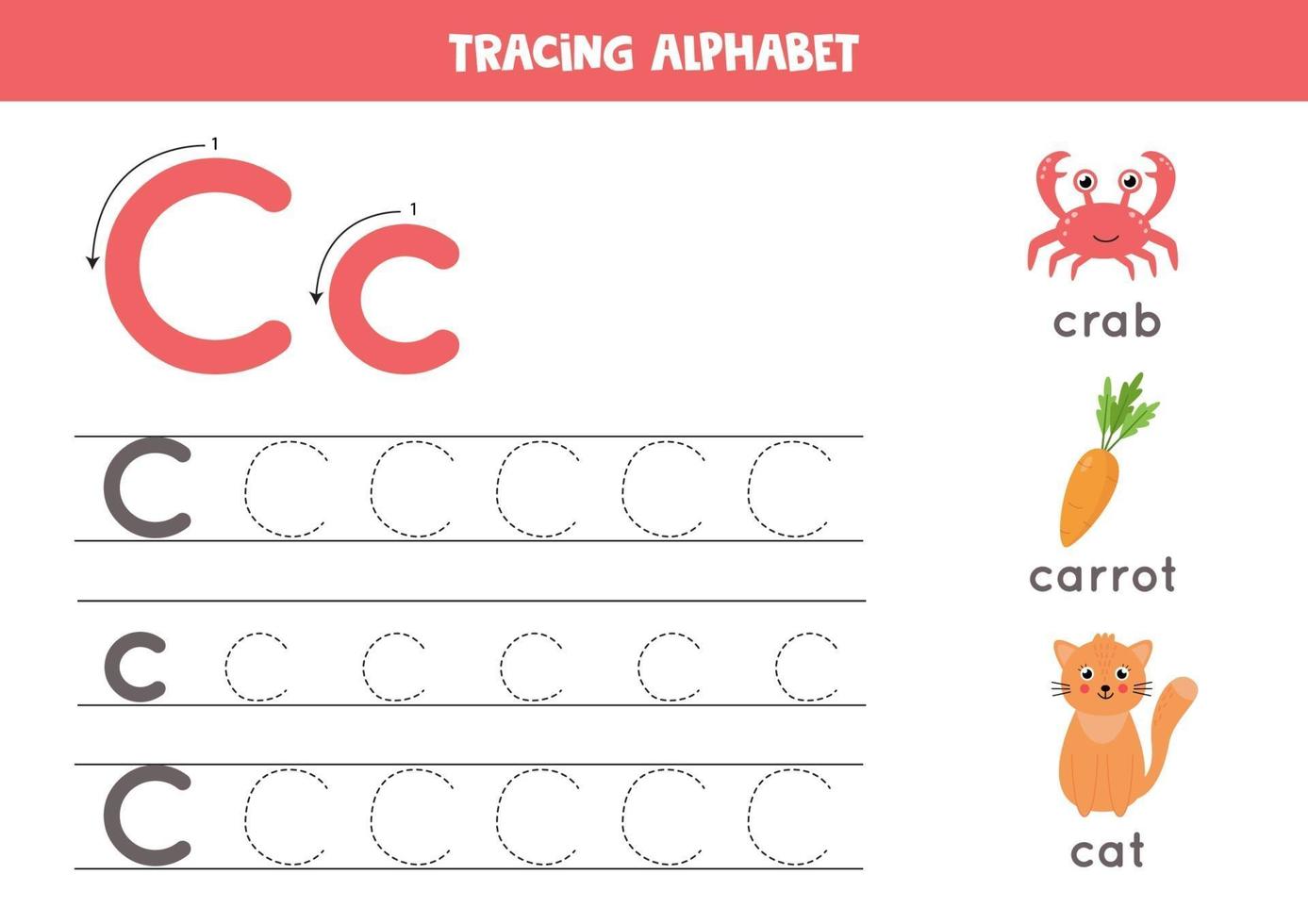 c ist für Katze, Krabbe, Karotte. Arbeitsblatt zur Verfolgung des englischen Alphabets. vektor