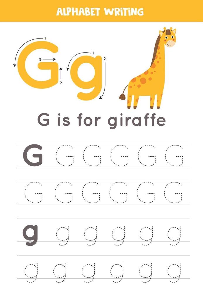 g ist für Giraffe. Arbeitsblatt zur Verfolgung des englischen Alphabets. vektor