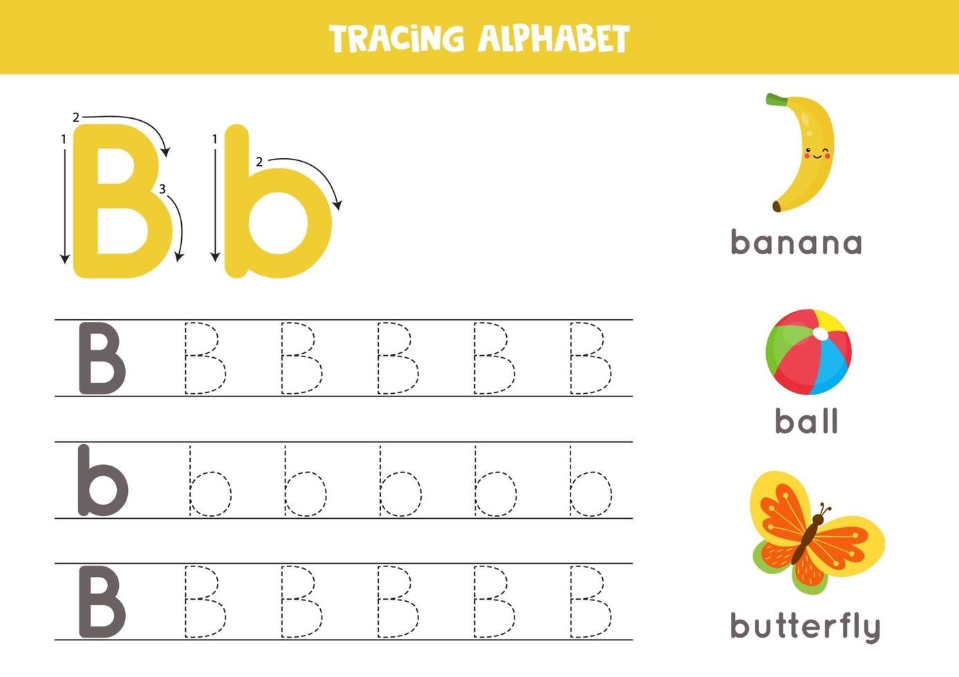 spåra alfabetet bokstav b med söta tecknade bilder. vektor