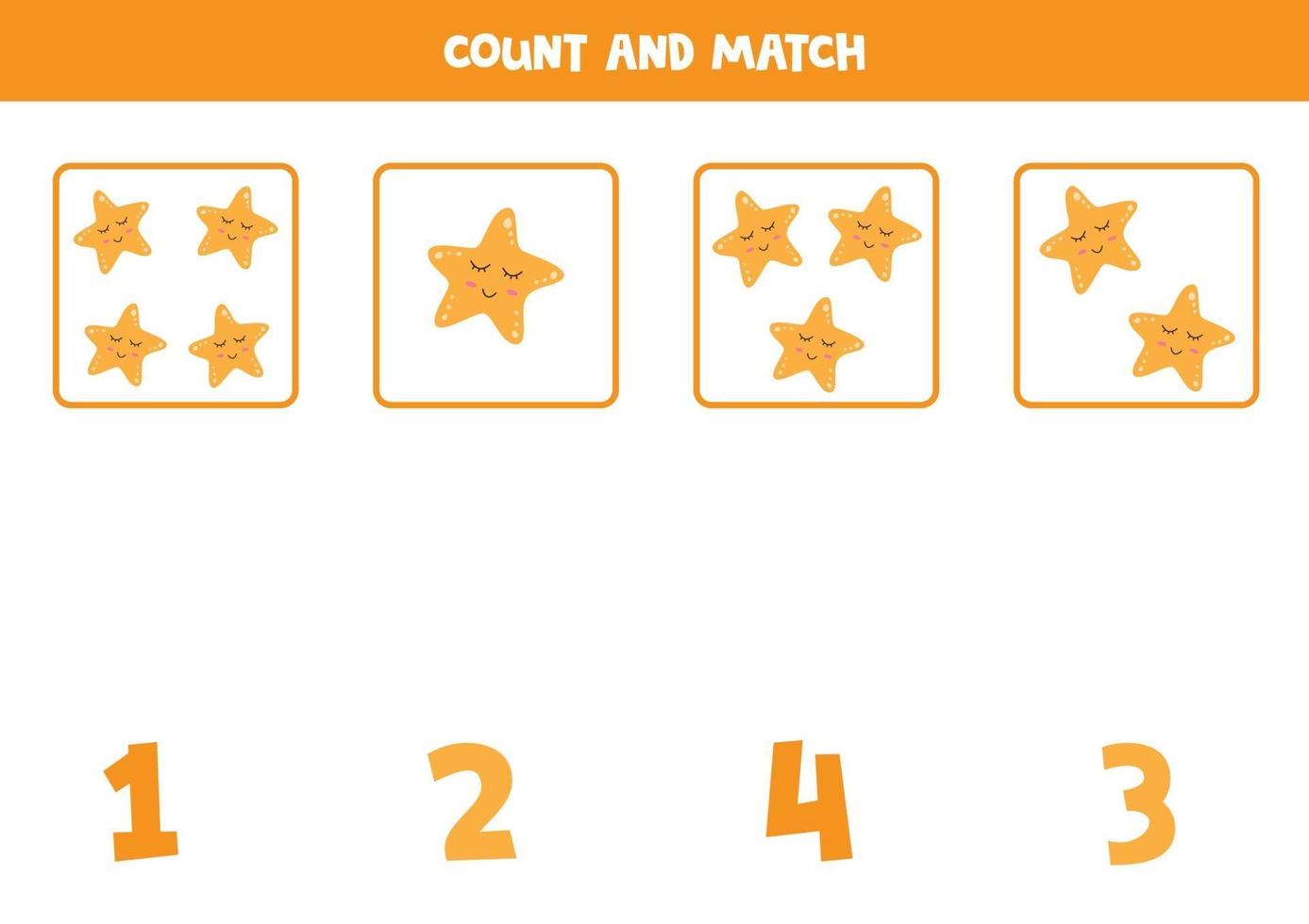 räkna spel med söta tecknade sjöstjärnor. matematikspel. vektor