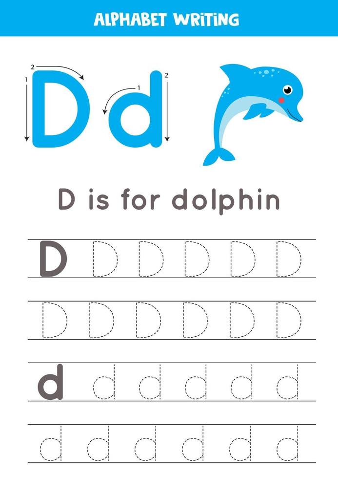 d ist für Delphin. Arbeitsblatt zur Verfolgung des englischen Alphabets. vektor