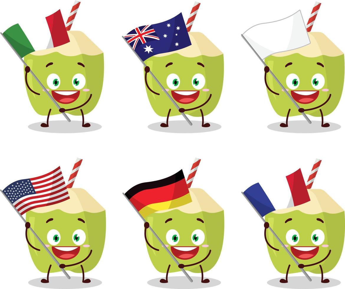 grön kokos tecknad serie karaktär föra de flaggor av olika länder vektor