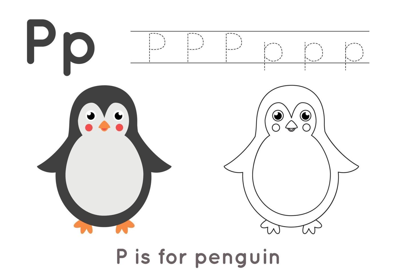 färg- och spårningssida med bokstaven p och söt tecknad pingvin. vektor