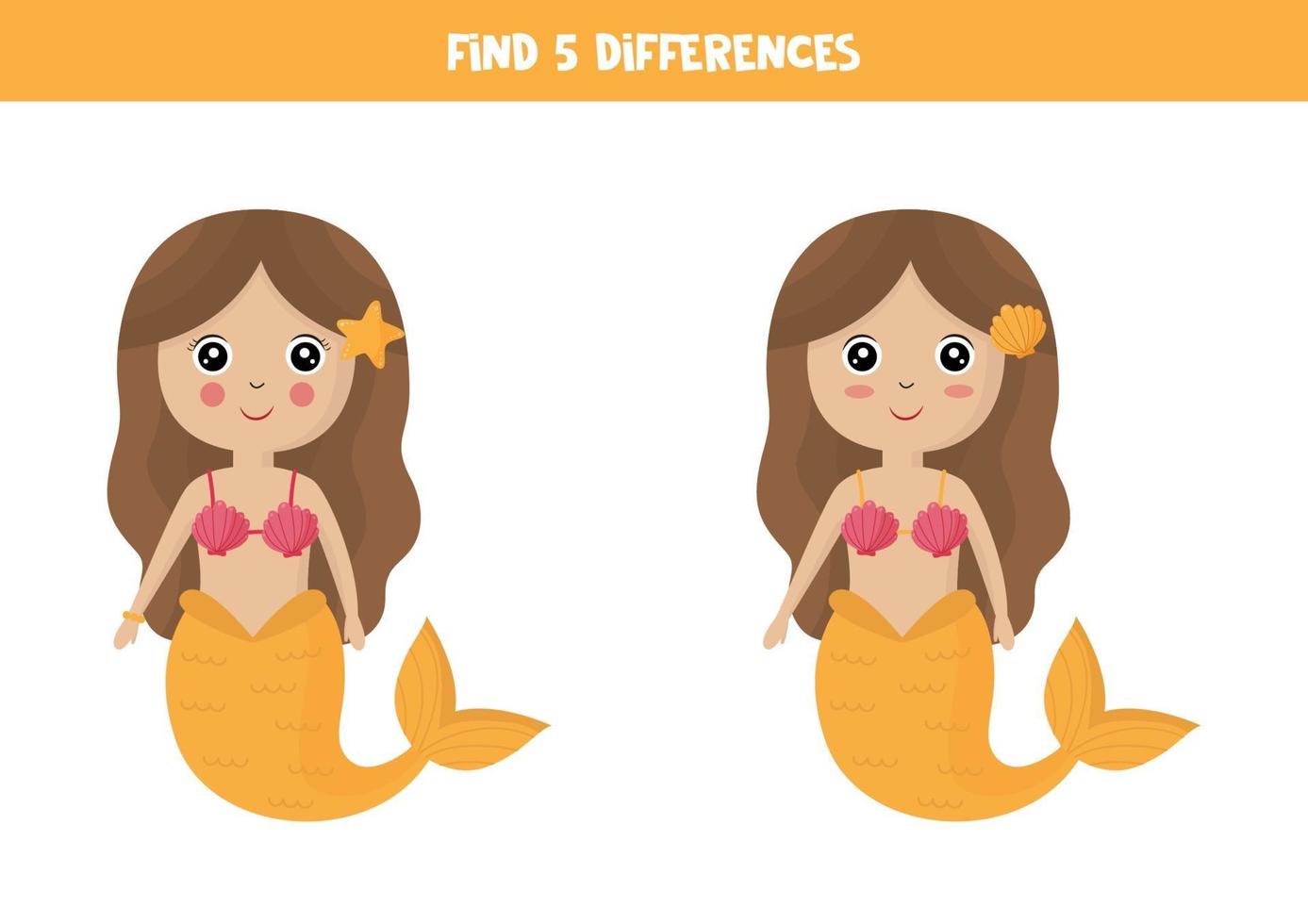 Finde 5 Unterschiede zwischen zwei süßen Meerjungfrauen. vektor