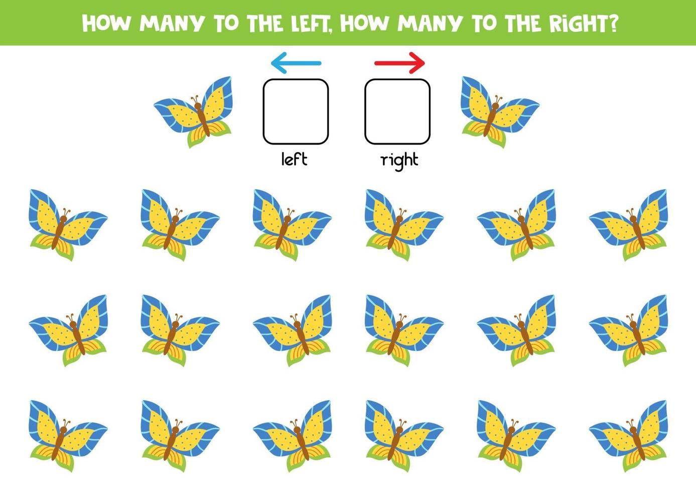 links oder rechts mit süßem Schmetterling. logisches Arbeitsblatt für Kinder im Vorschulalter. vektor