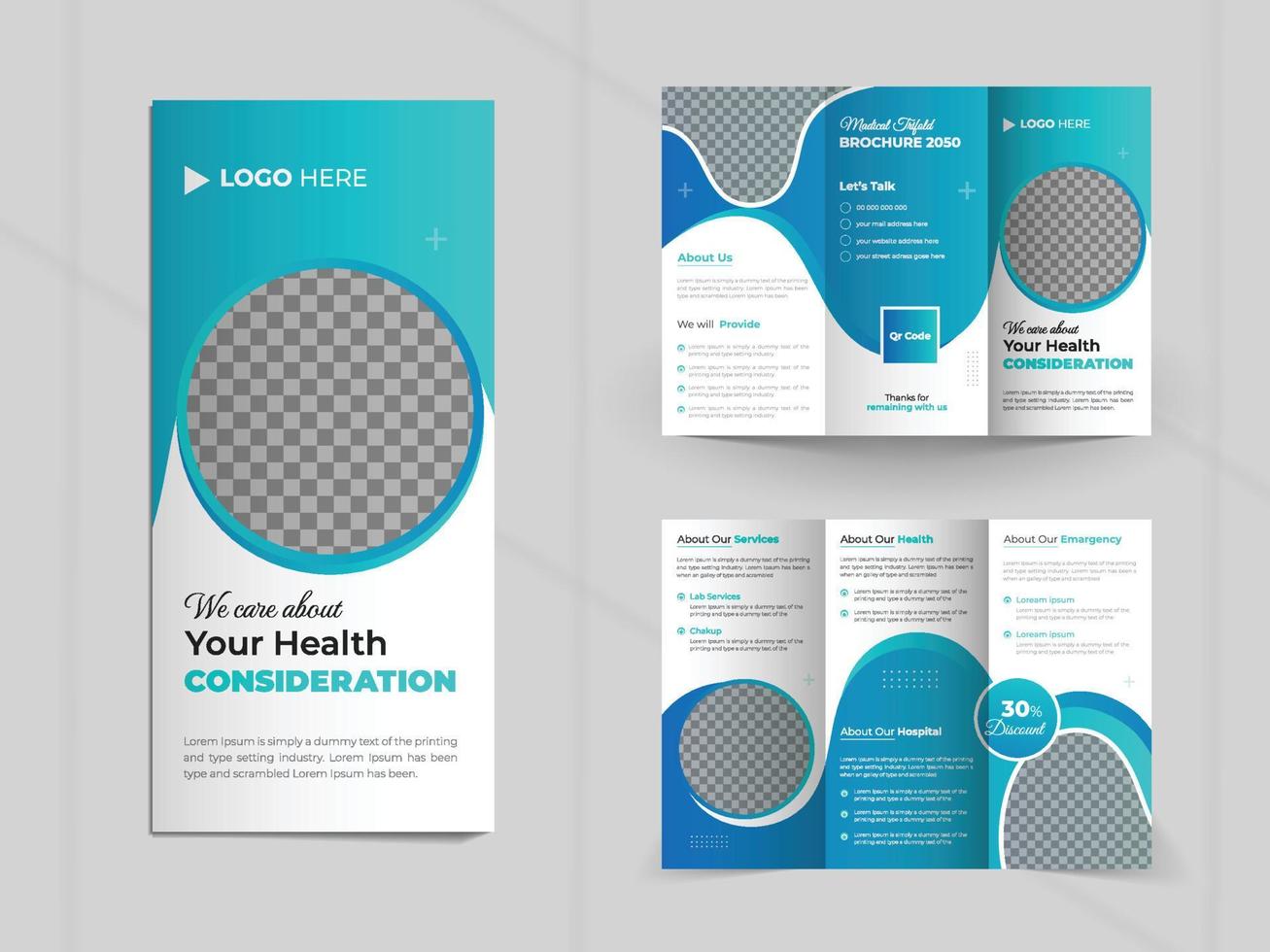 medizinisch Gesundheit Pflege Dienstleistungen dreifach Broschüre Vorlage, Krankenhaus Unternehmen Poster Layout Design vektor