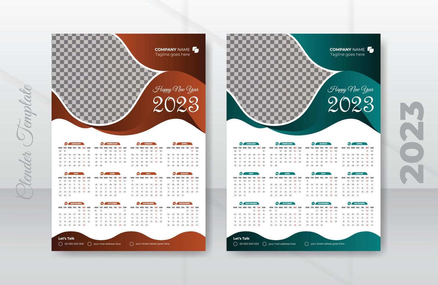 uppsättning av 2023, 2024 vägg kalender mall med företags- layout med vecka Start måndag. redo till skriva ut mall med foton Platshållare vektor