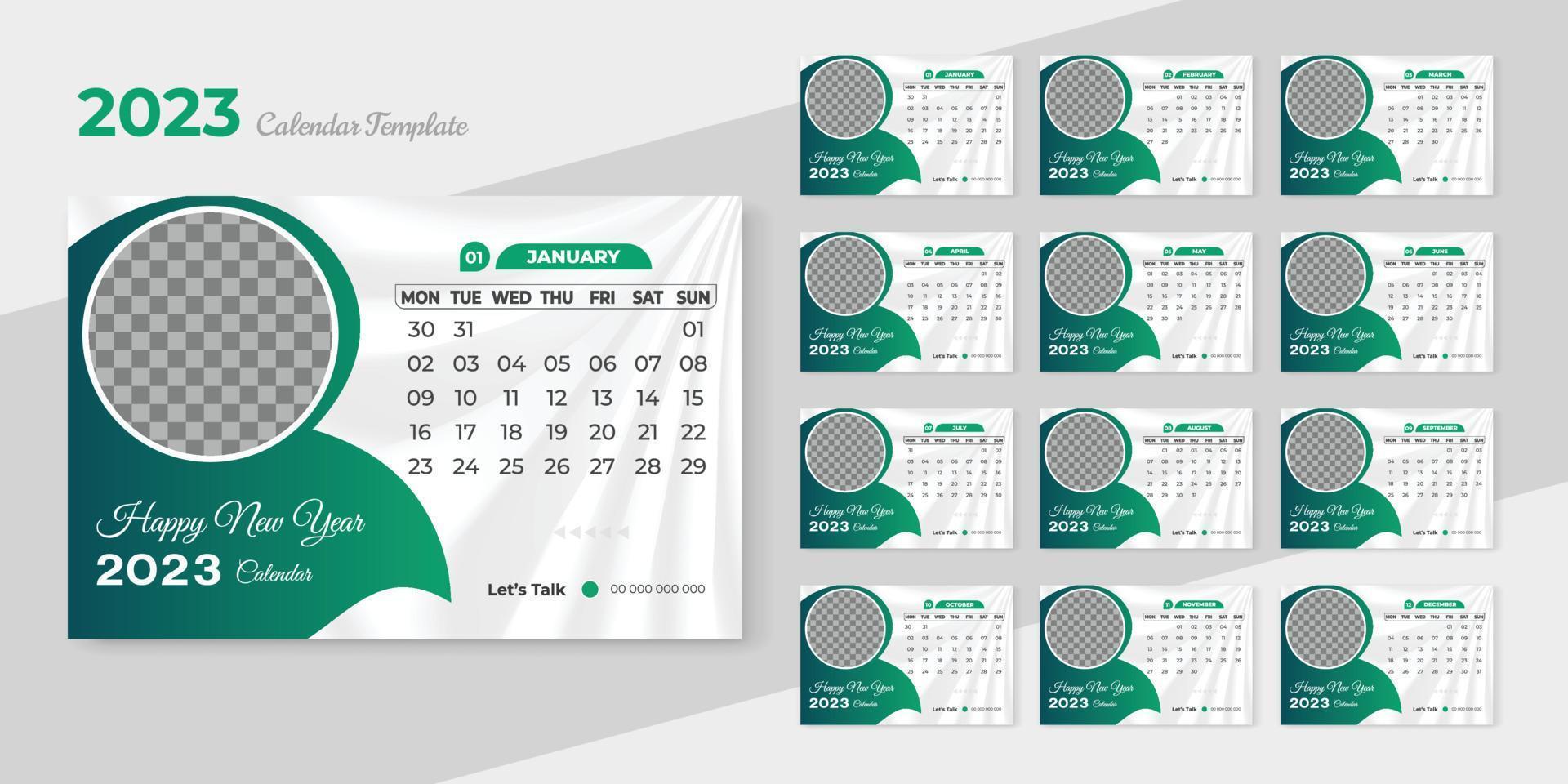 ny år uppsättning skrivbord kalender 2023 mall och skrivbord kalender 3d mockup, uppsättning av 12 månader, vecka börjar söndag, företag brevpapper vektor