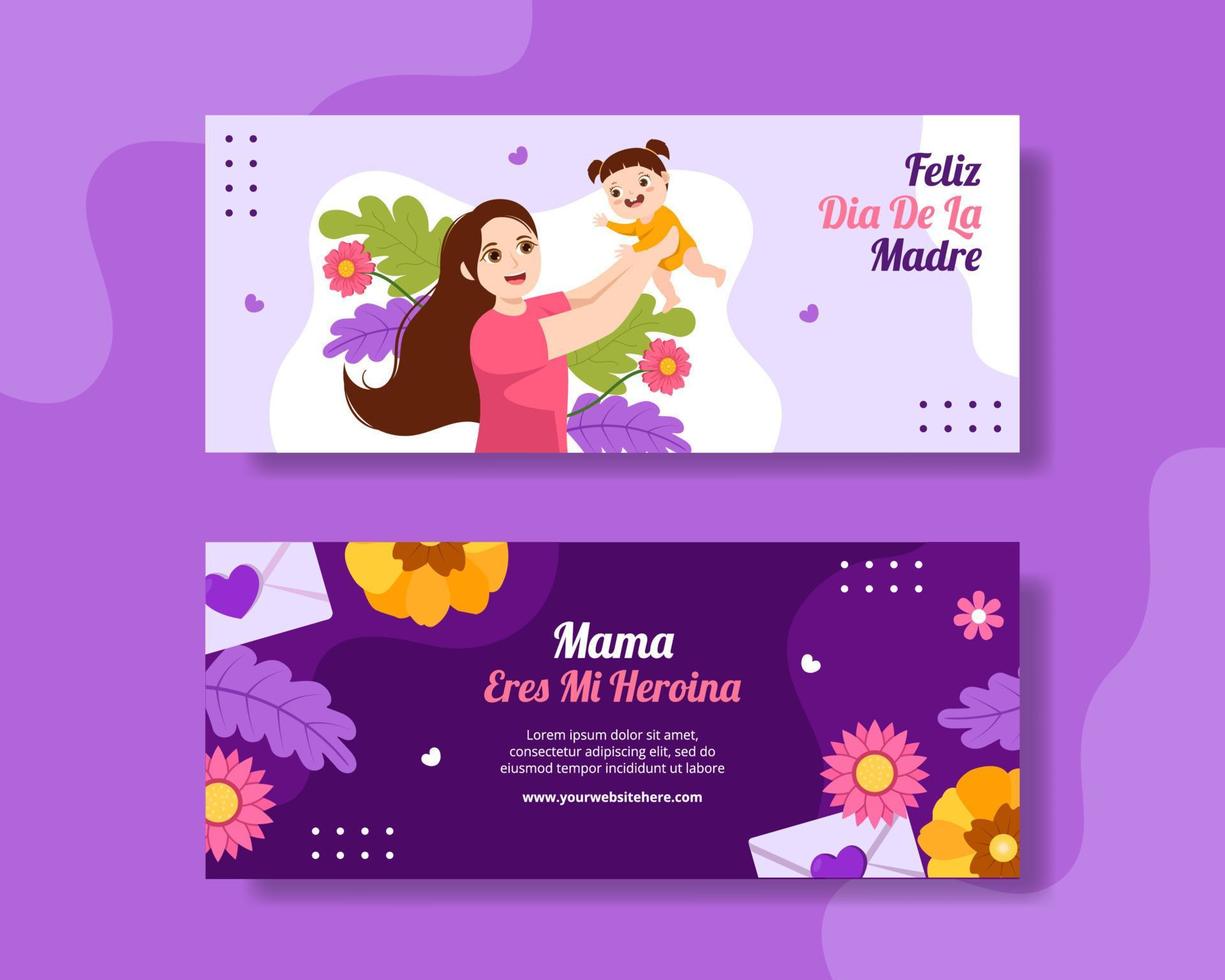 feliz dia de la Madre horizontal Banner Karikatur Hand gezeichnet Vorlagen Hintergrund Illustration vektor