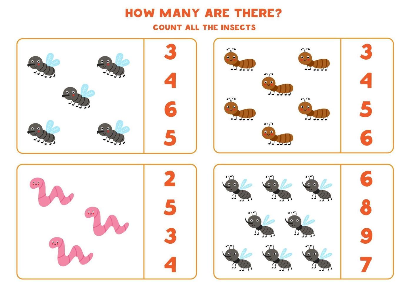 Zählspiel mit niedlichen Insekten. Mathe-Arbeitsblatt. vektor