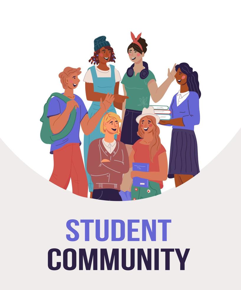 Schüler Universität Gemeinschaft Banner Konzept mit jung Menschen Stehen zusammen, eben Vektor Illustration. eben Flyer oder Flugblatt Design mit Schüler Jungs und jung Frauen.