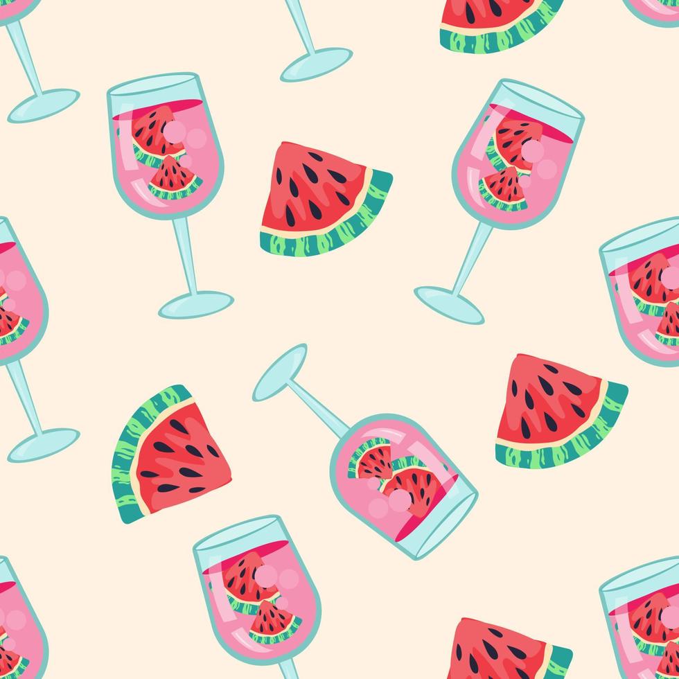 sommar sömlös mönster med vattenmelon cocktail dryck och skivor. ändlös design av sommar bar frukt dryck för grafik och dekoration, platt vektor illustration.