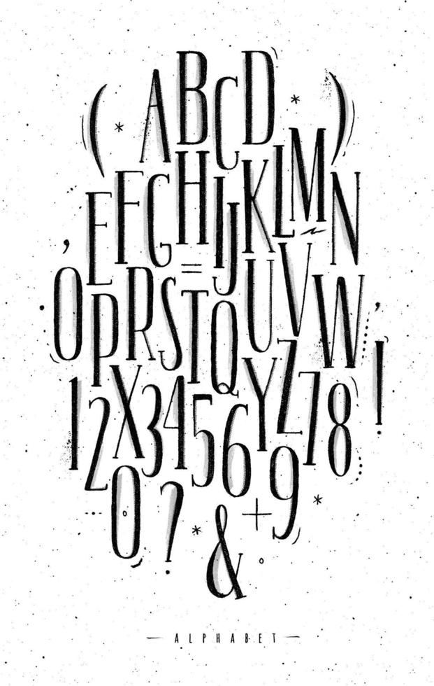 Alphabet einstellen gotisch Schriftart im Jahrgang Stil Zeichnung mit schwarz auf Weiß Hintergrund vektor