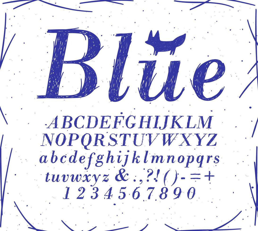 alfabet crosshatch penna linje stil teckning med blå Färg på vit bakgrund vektor