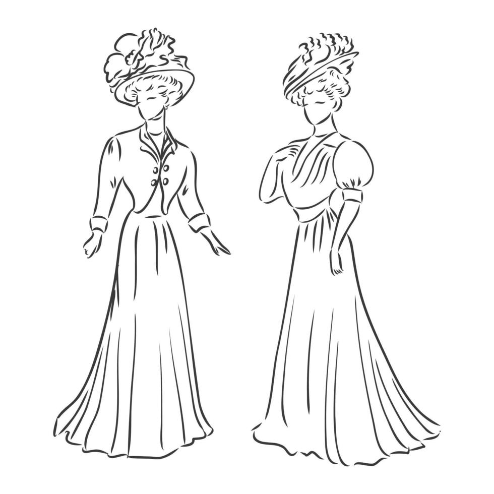 antik klädda damen. gammaldags vektorillustration. viktoriansk kvinna i historisk klänning. vintage stiliserad ritning, retro träsnitt stil. retro klänning, vektorgrafik på vit bakgrund vektor