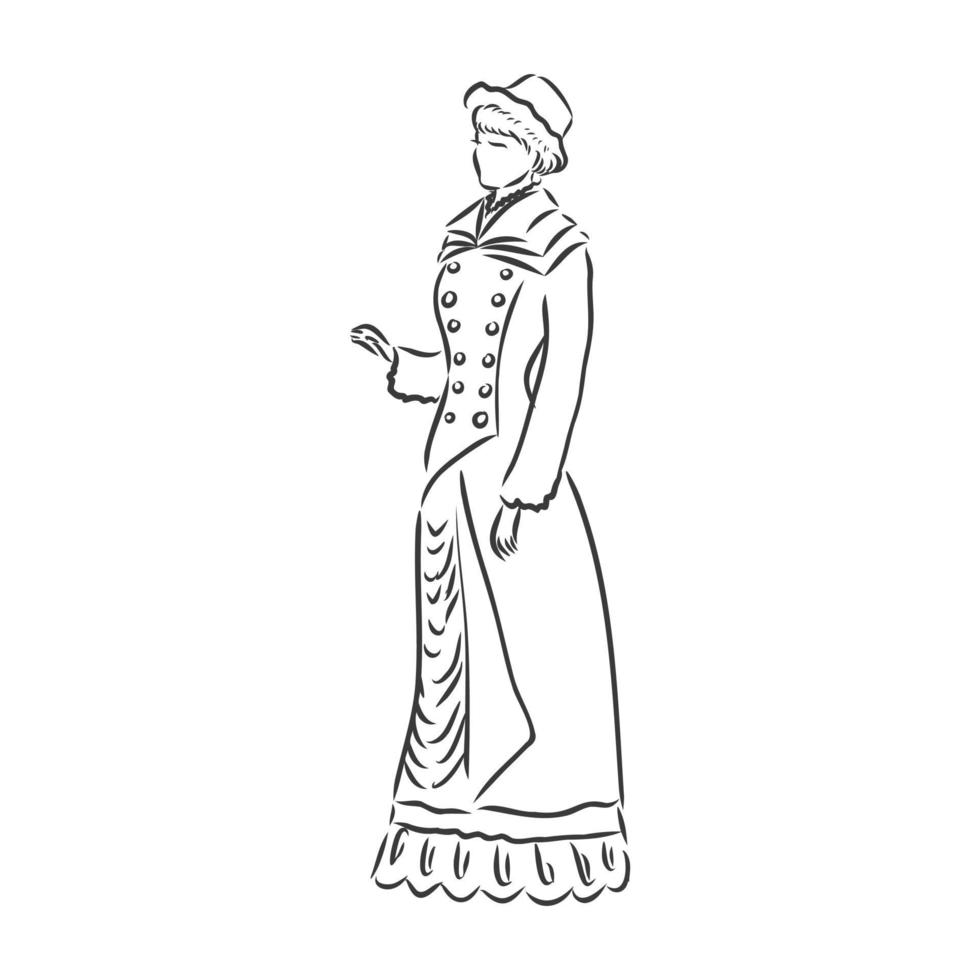 antik gekleidete Dame. alte Mode Vektor-Illustration. viktorianische Frau in historischer Kleidung. Vintage stilisierte Zeichnung, Retro-Holzschnitt-Stil. Retro-Kleid, Vektorskizze auf weißem Hintergrund vektor