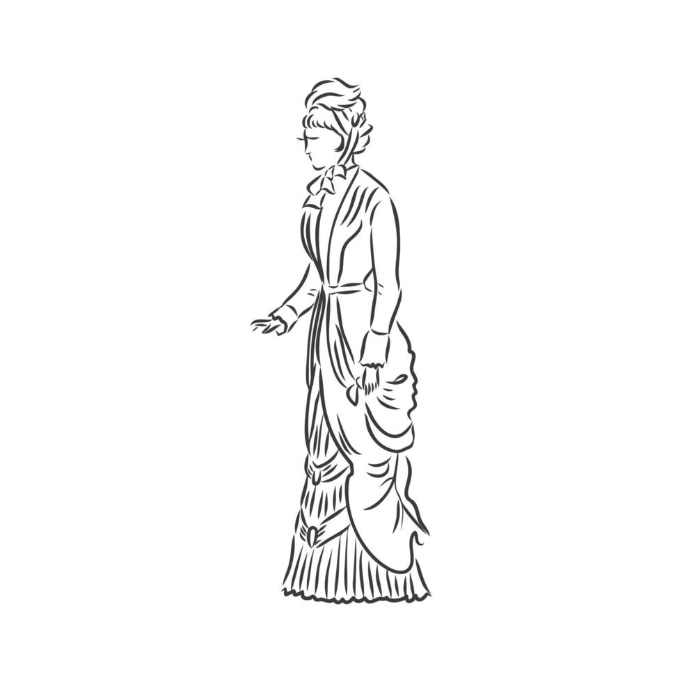 antik klädda damen. gammaldags vektorillustration. viktoriansk kvinna i historisk klänning. vintage stiliserad ritning, retro träsnitt stil. retro klänning, vektorgrafik på vit bakgrund vektor