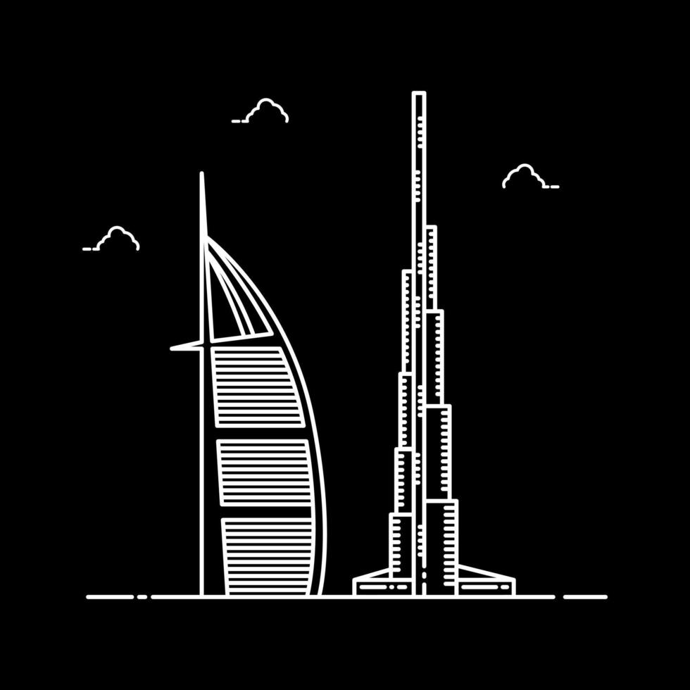 burj al arabisch und Khalifa Turm. Dubai Wahrzeichen Gebäude. Linie Symbol Vektor Design