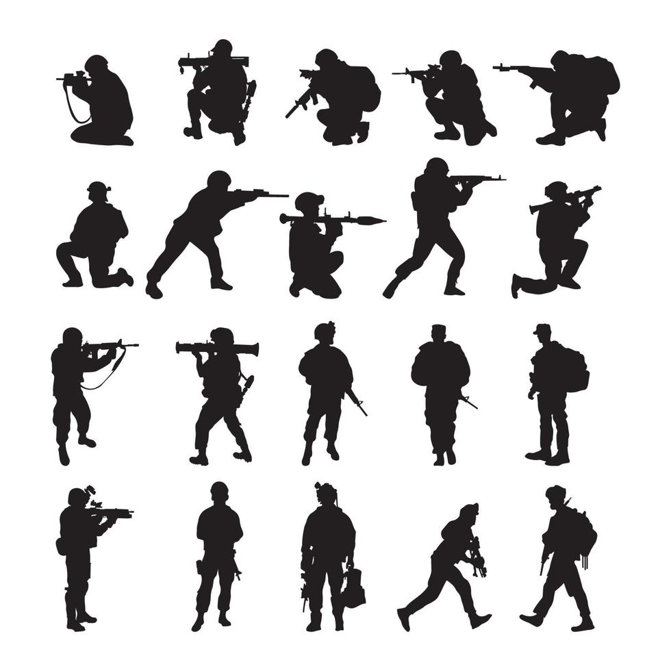 einstellen bewaffnet Soldaten Silhouette Vektor Illustration.