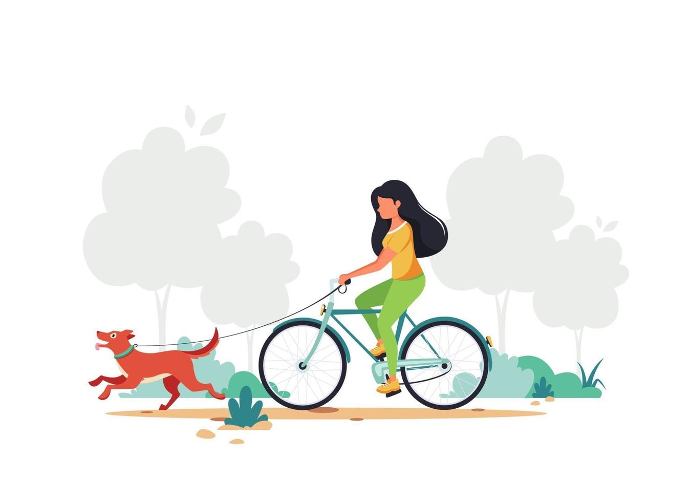 kvinna ridning cykel med hund i park. hälsosam livsstil, utomhusaktivitetskoncept. vektor illustration. tryck
